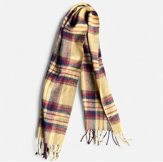 lightweight yellow plaid scarf with fringe