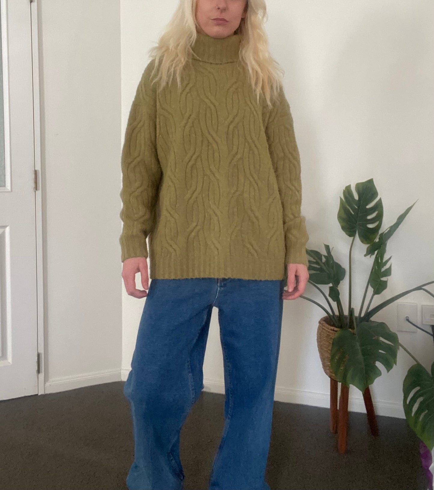 Beautiful olive green cable knit turtle neck sweater