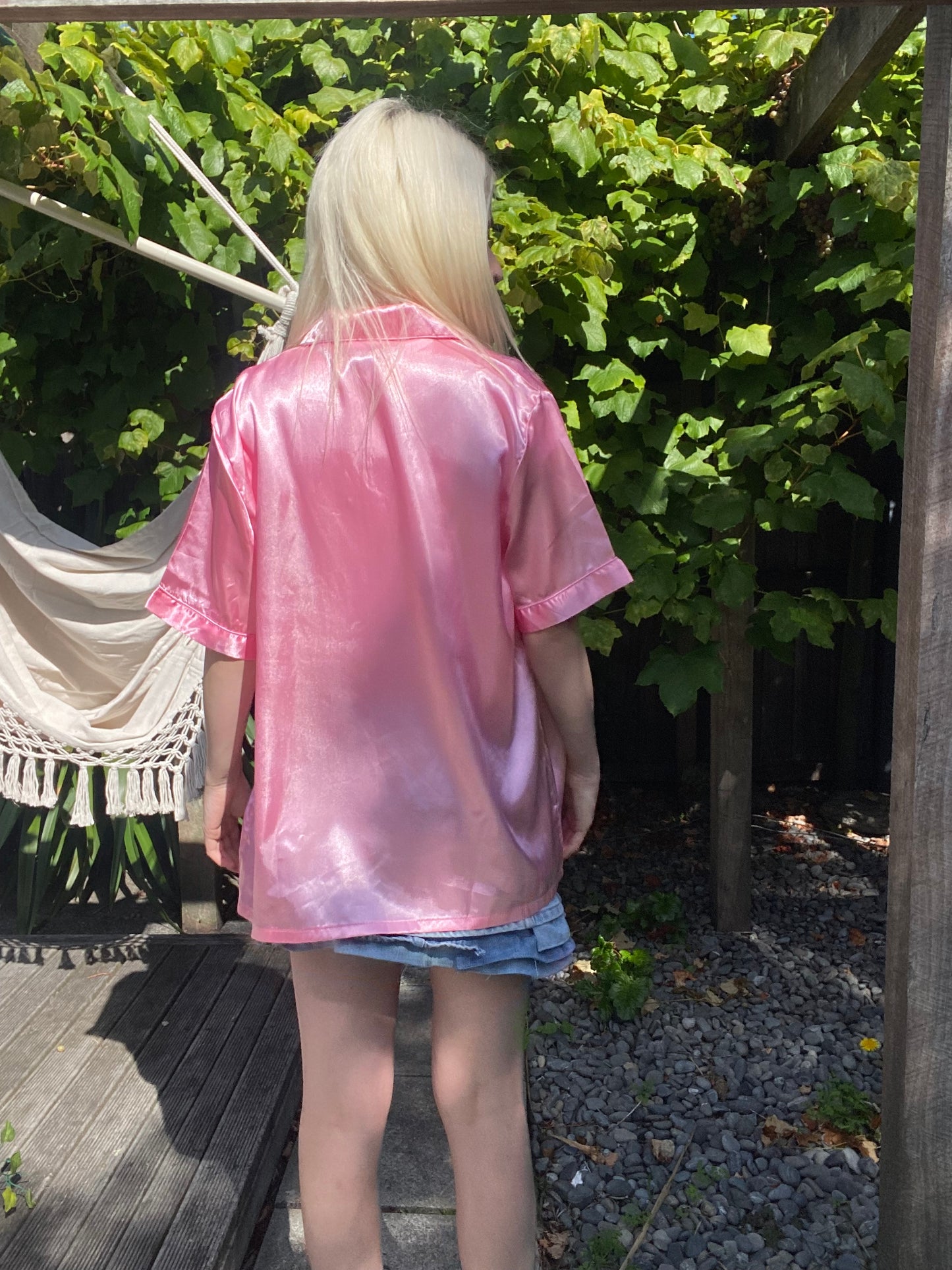 Retro Pink satin button-up shirt