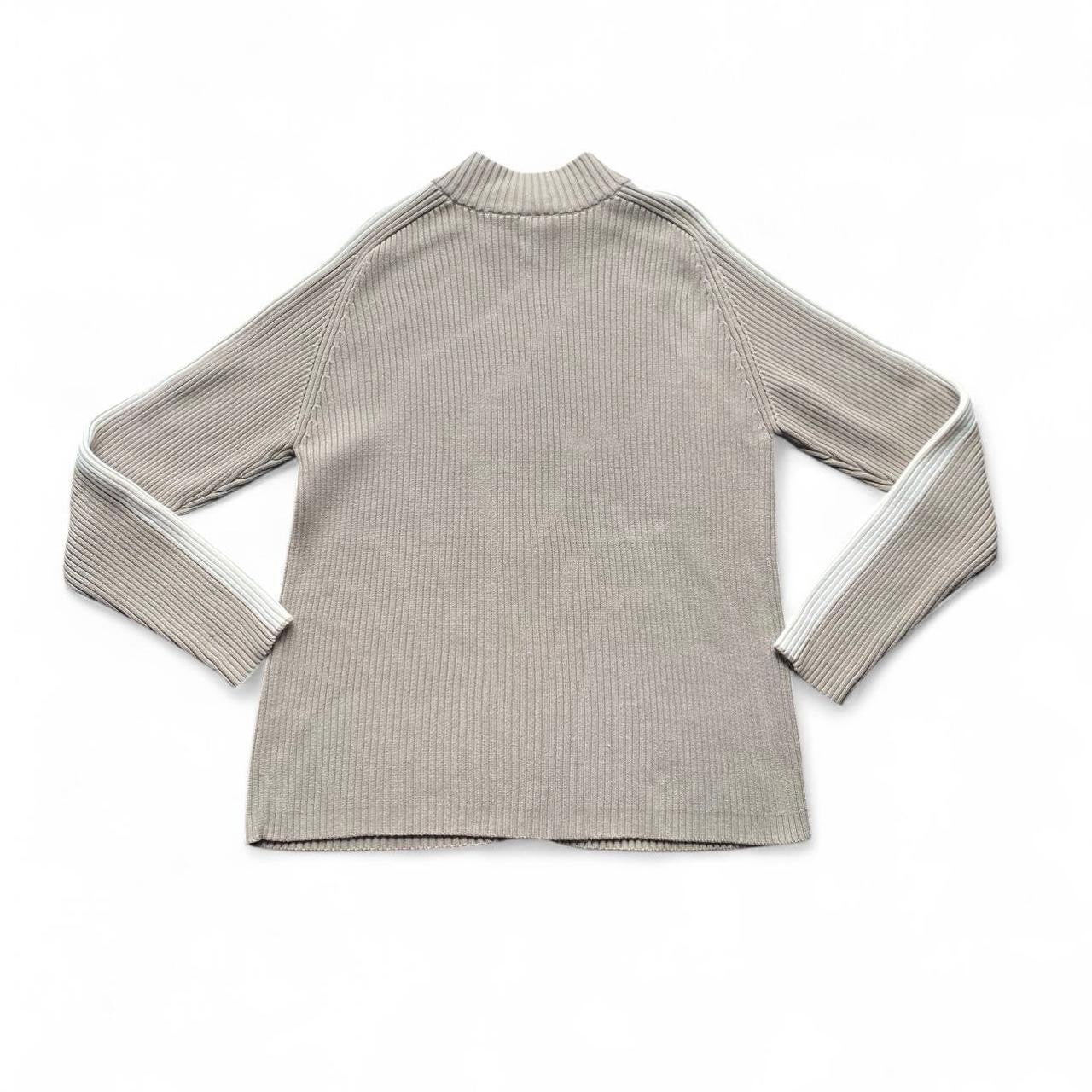 Y2K tan and white ribbed zip-up sweater