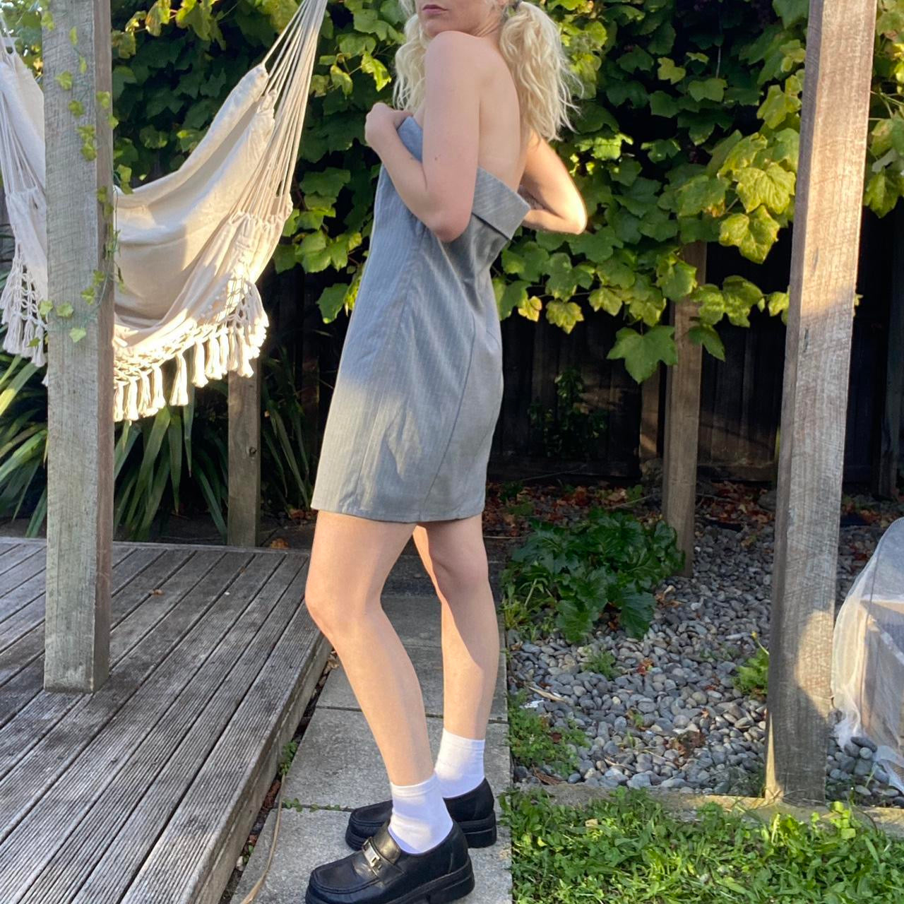 Grey and White pinstripe strapless mini dress