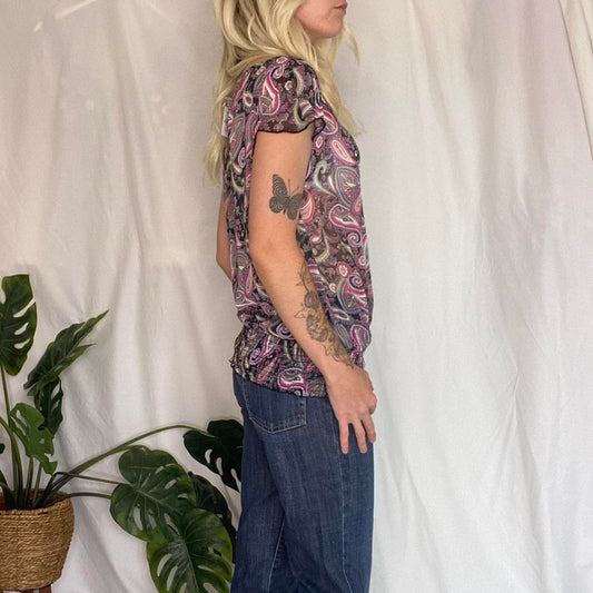 Y2K pink/purple paisley print chiffon top