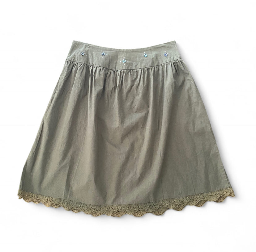 Khaki green fairy low rise midi skirt with lace trim