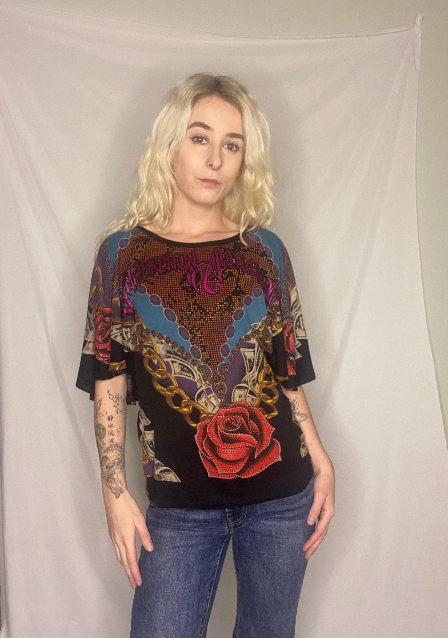 Insane Y2K Christian Audigier graphic rose print top