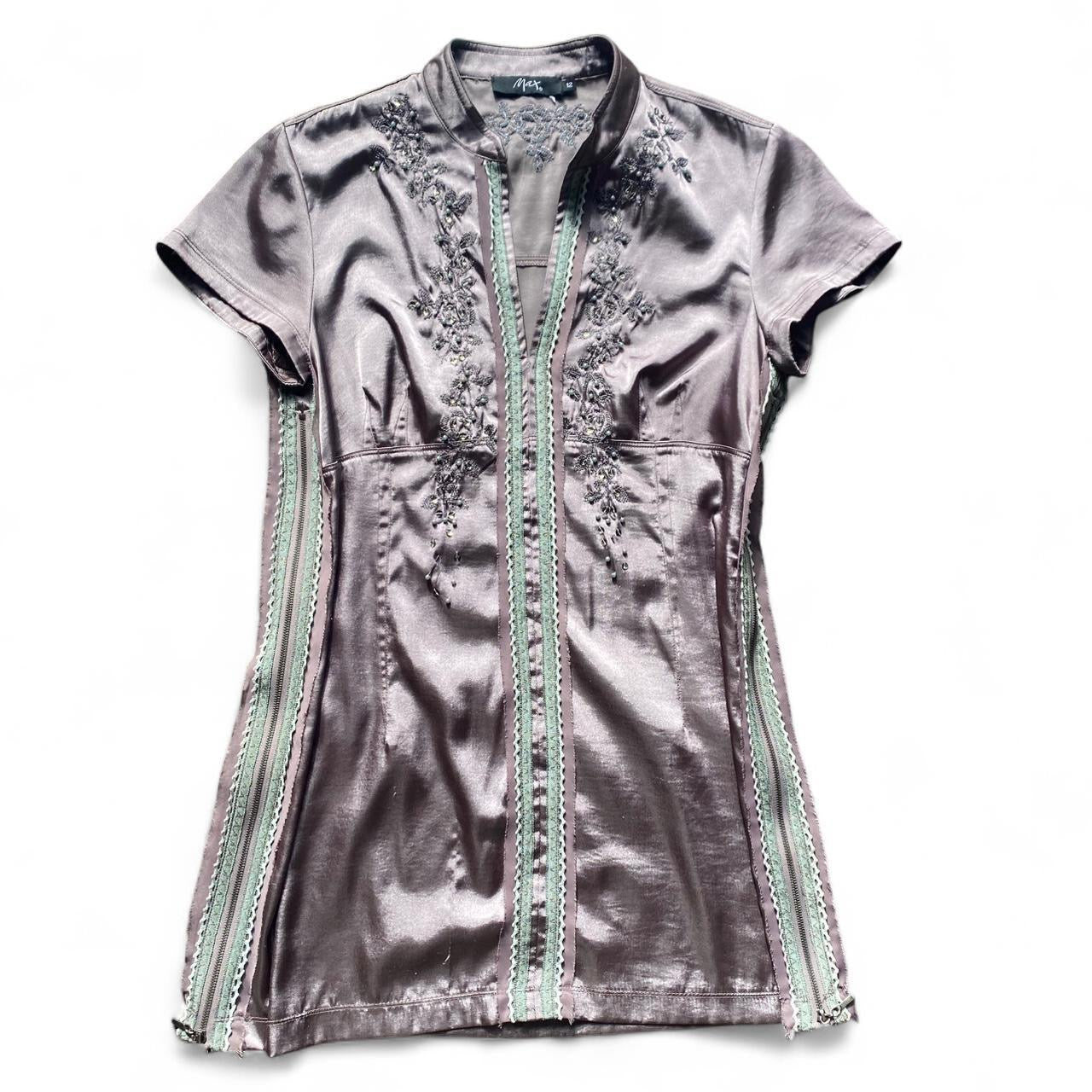 The cutest Y2K grey/purple Satin detailed zip dress