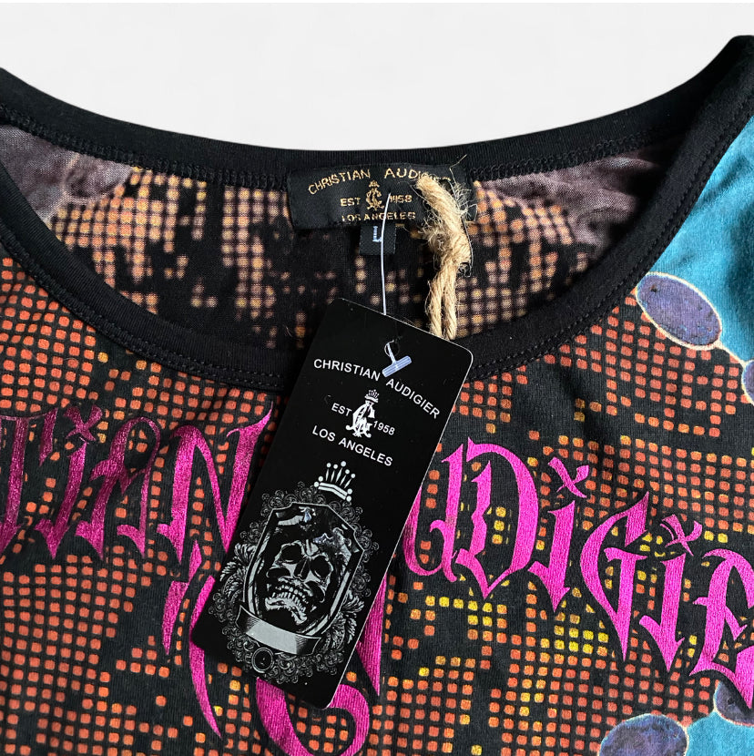 Insane Y2K Christian Audigier graphic rose print top