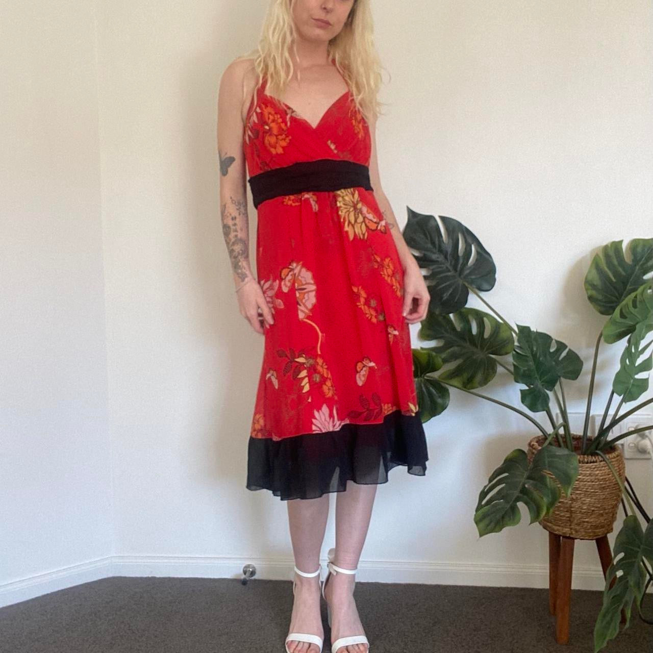 Gorgeous Y2K Red floral Babydoll halter dress with black ruffle trim