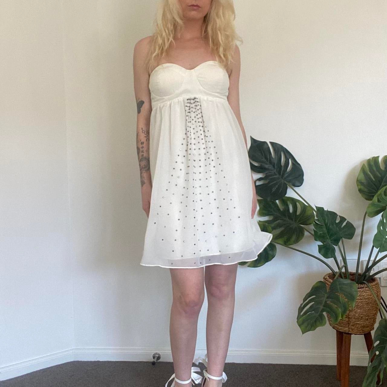 Cutest Y2K white strapless studded babydoll dress