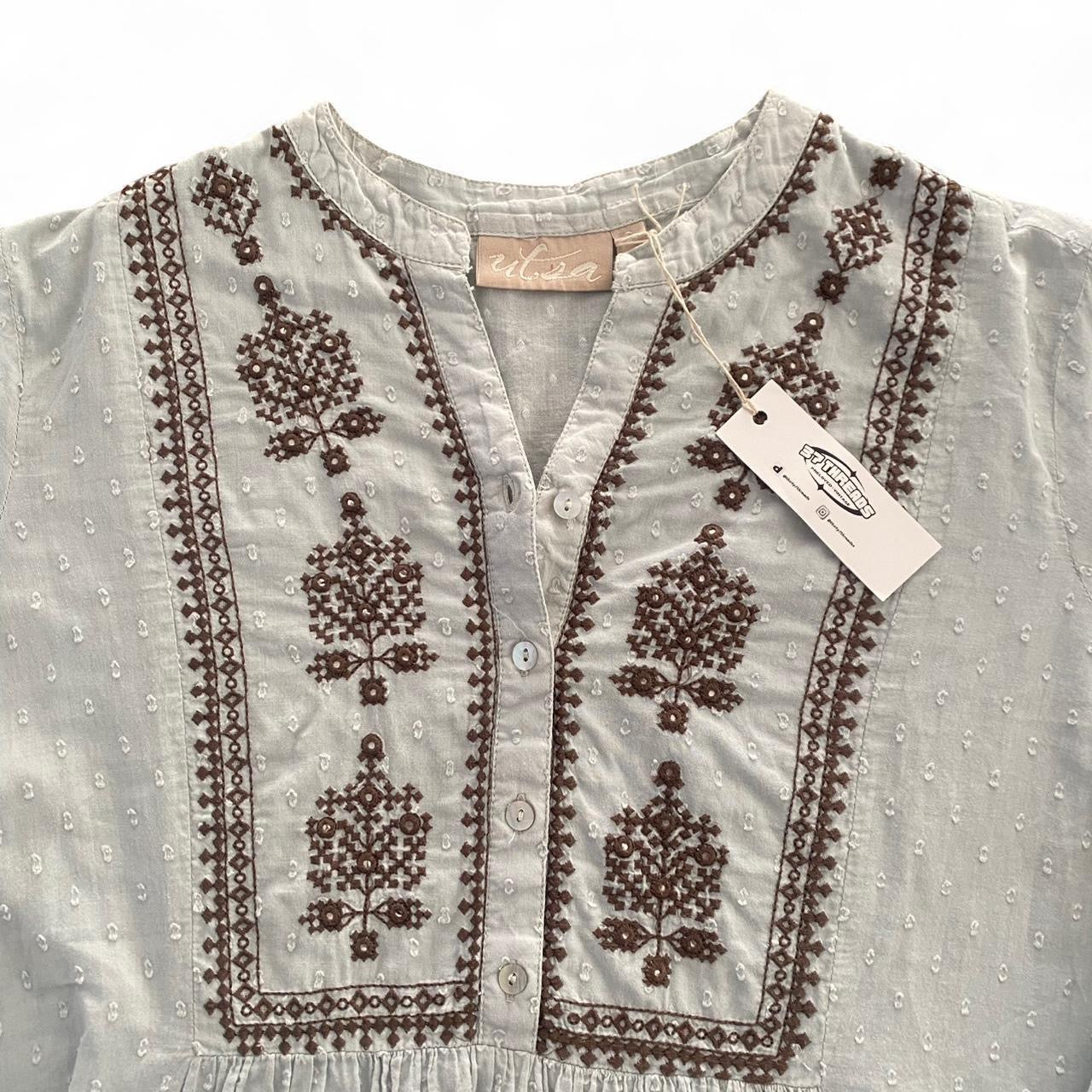 Cute teal/brown peplum blouse with embroidery