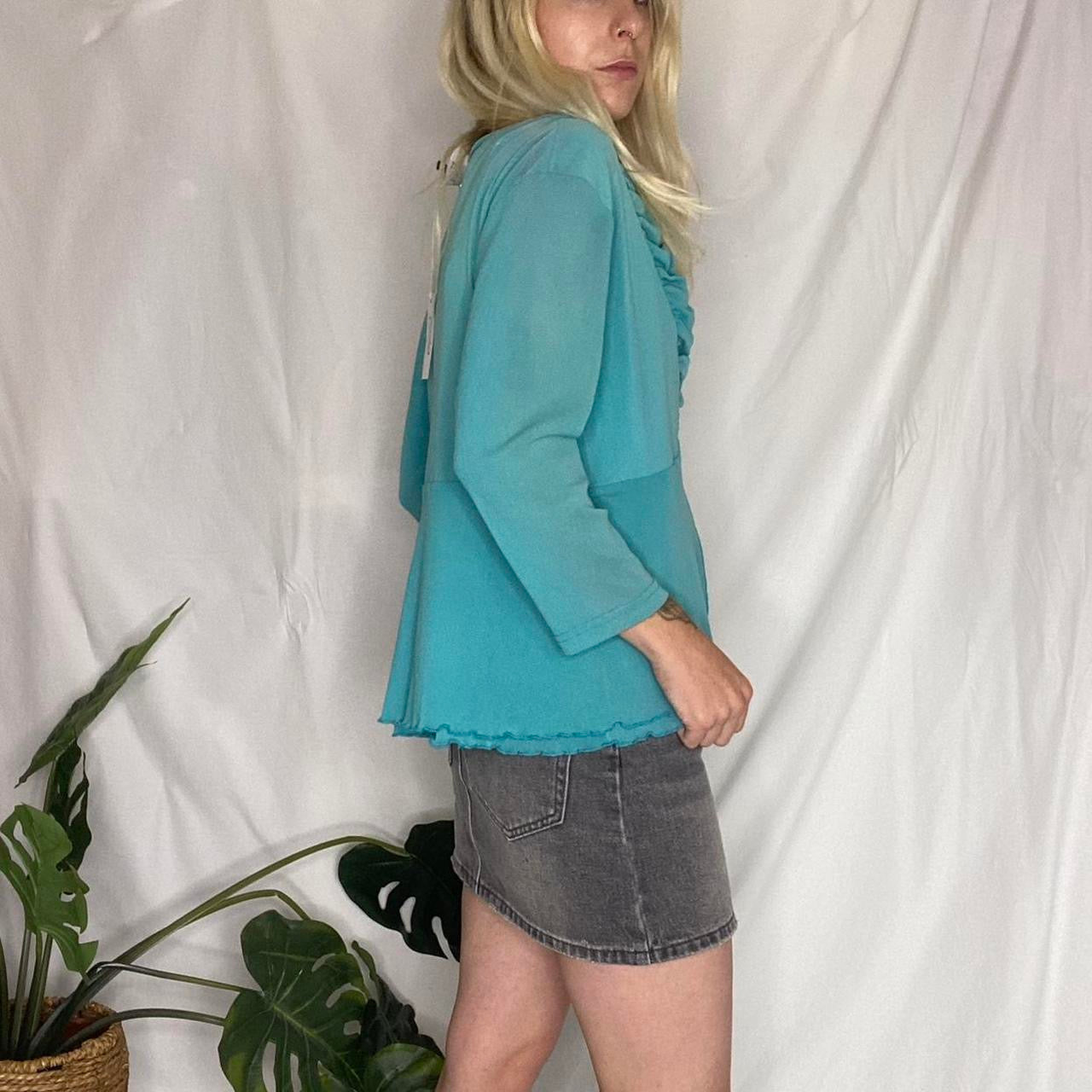 Y2K turquoise ruffle split blouse