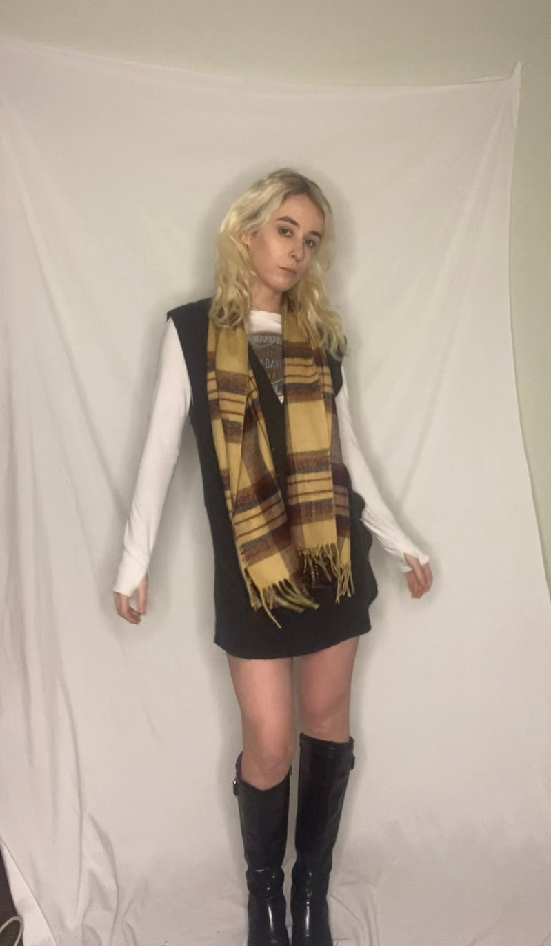 lightweight yellow plaid scarf with fringe