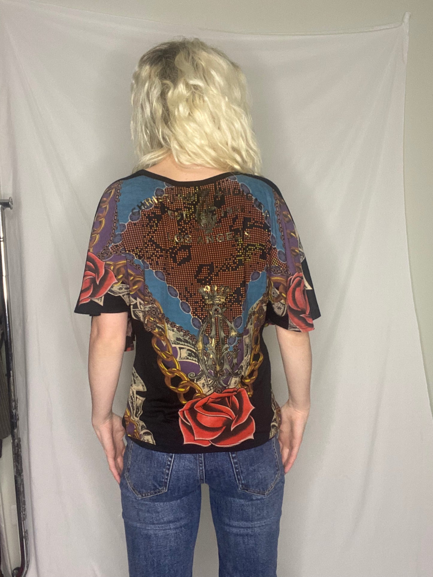 Insane Y2K Christian Audigier graphic rose print top