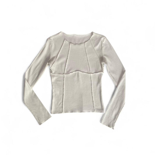 White patchwork look long sleeve ribbed top