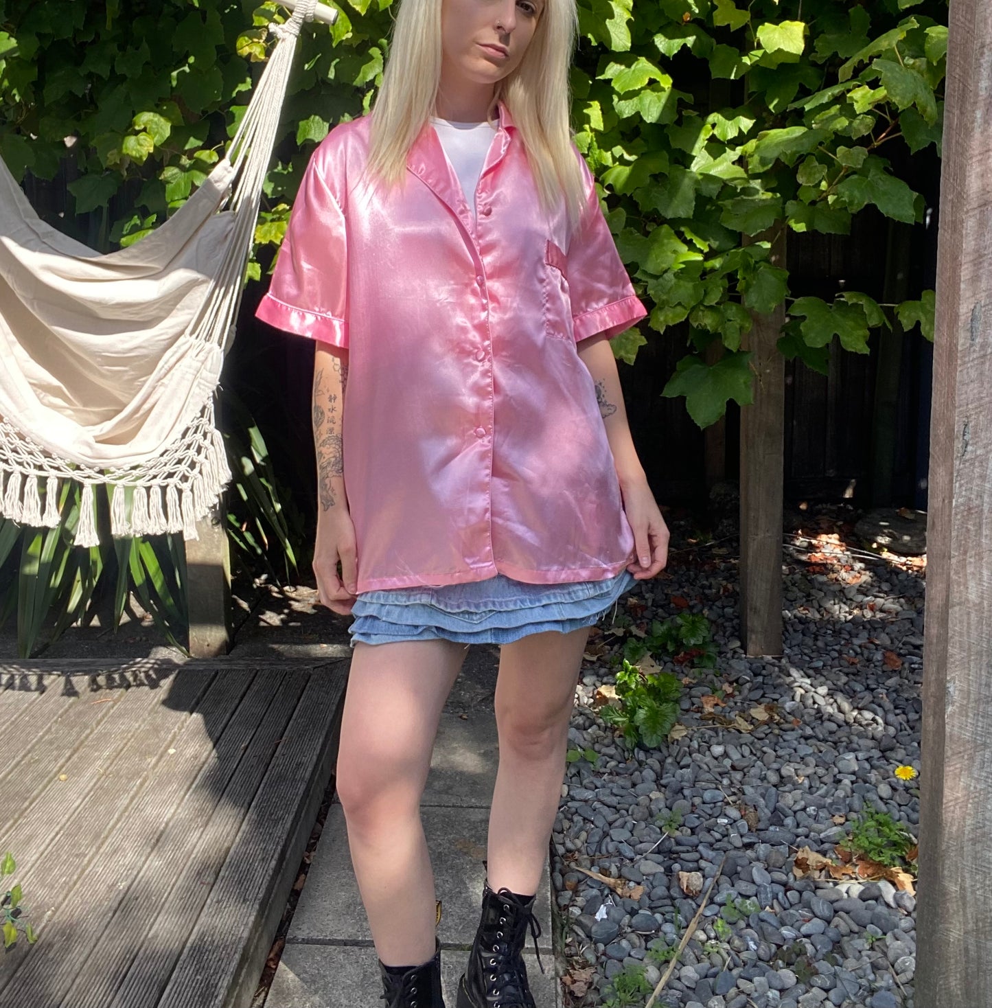 Retro Pink satin button-up shirt