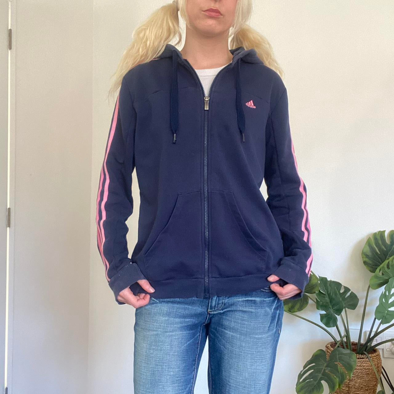 Navy and pink Adidas zip up hoodie