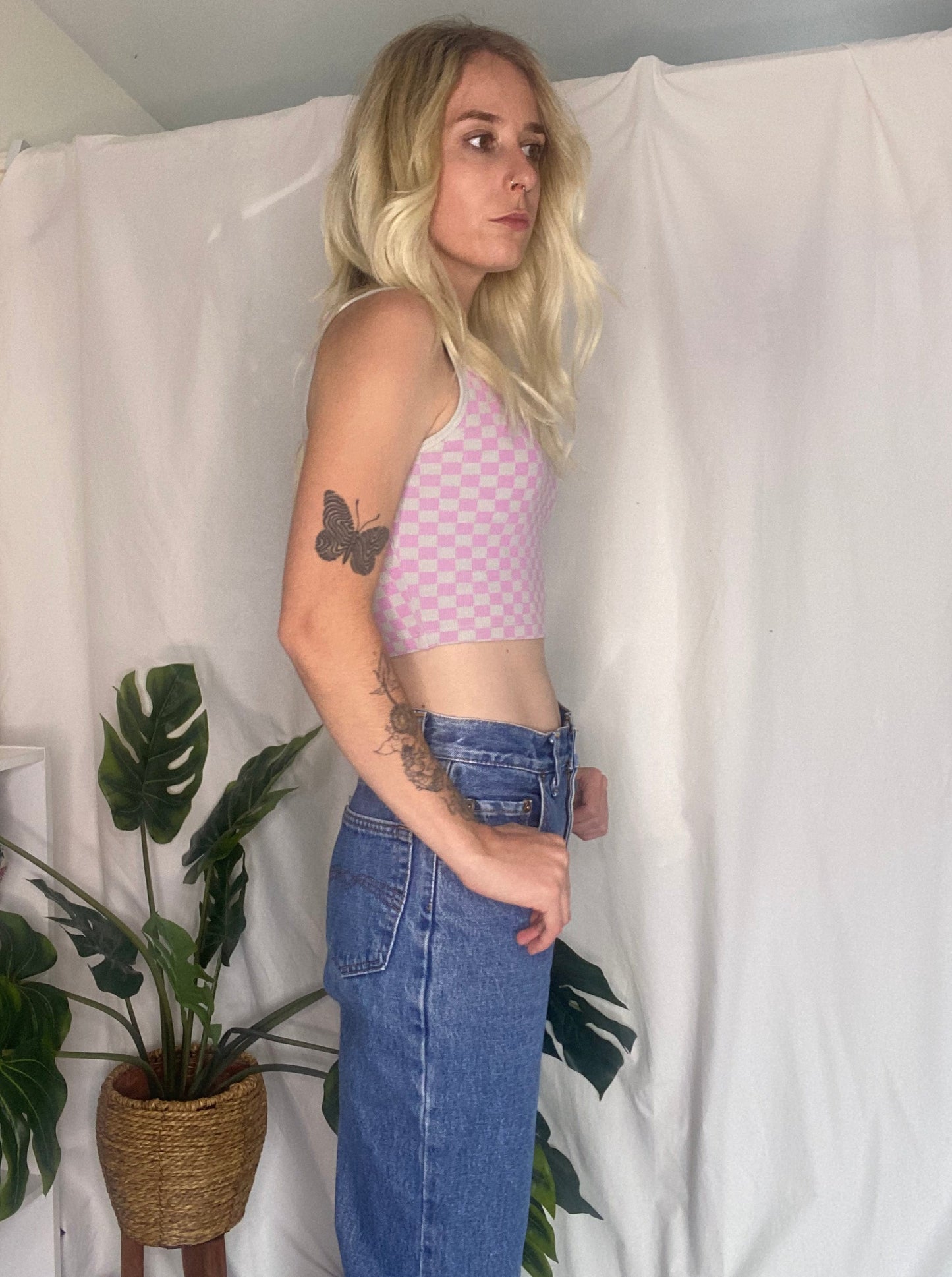 Pink and grey Afends checkered tank top