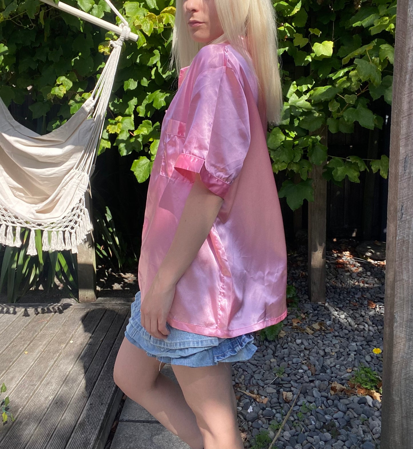 Retro Pink satin button-up shirt