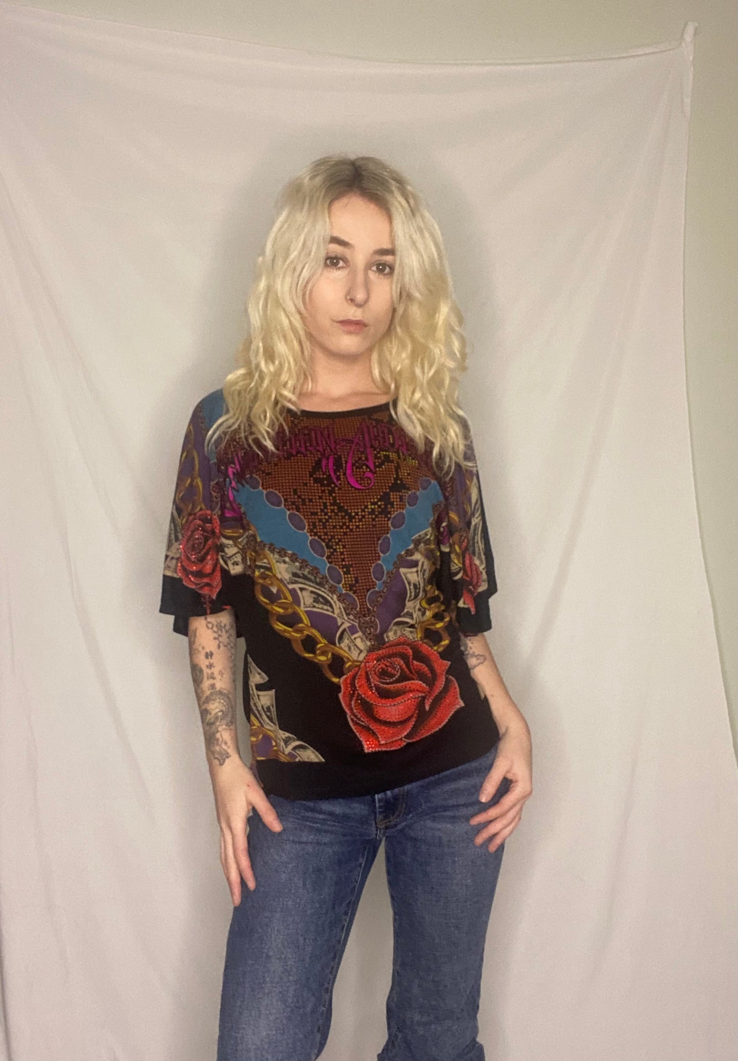 Insane Y2K Christian Audigier graphic rose print top
