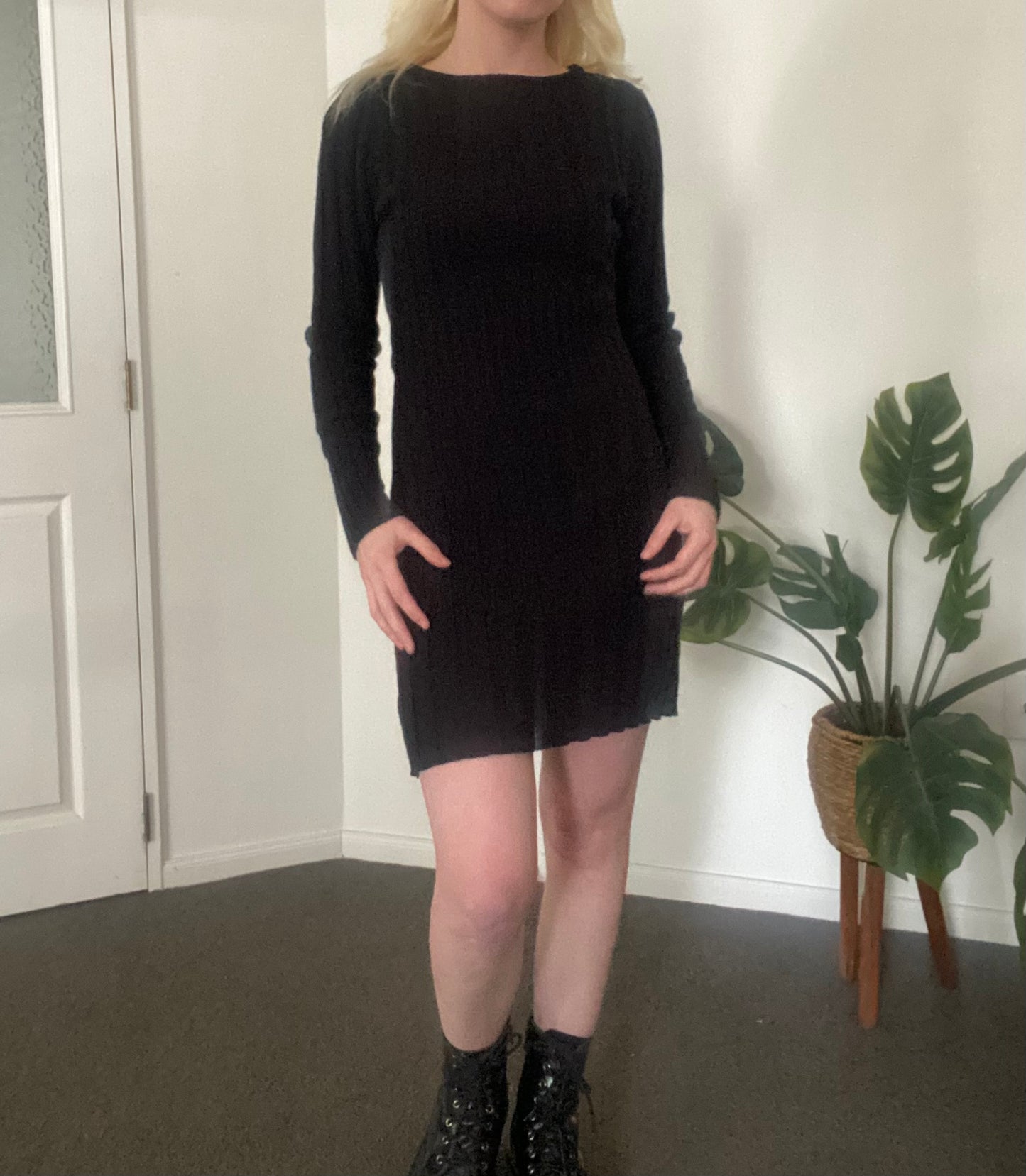 Black long sleeve ribbed knit dress