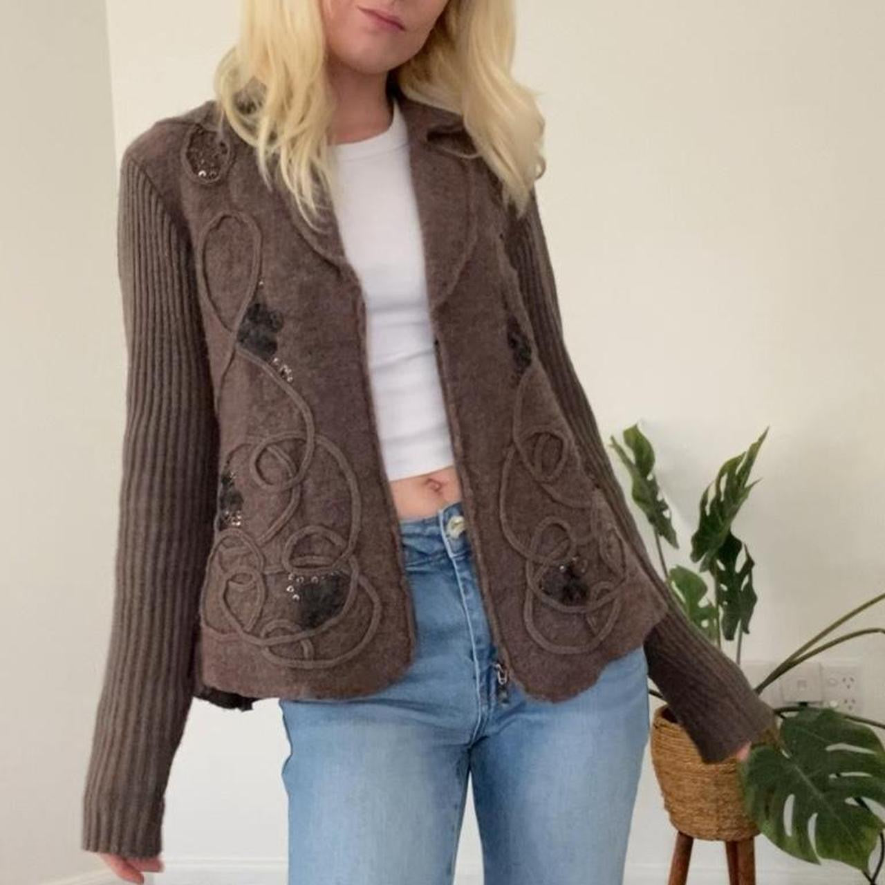 Brown felt/knit zip up Cardi