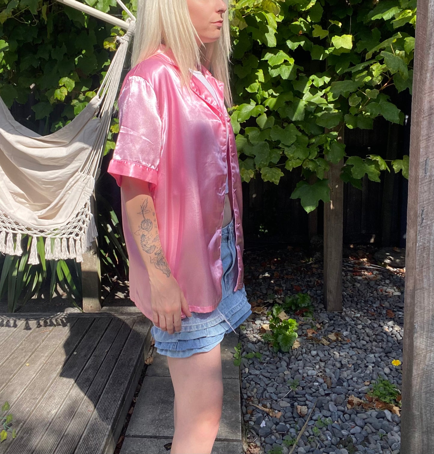 Retro Pink satin button-up shirt