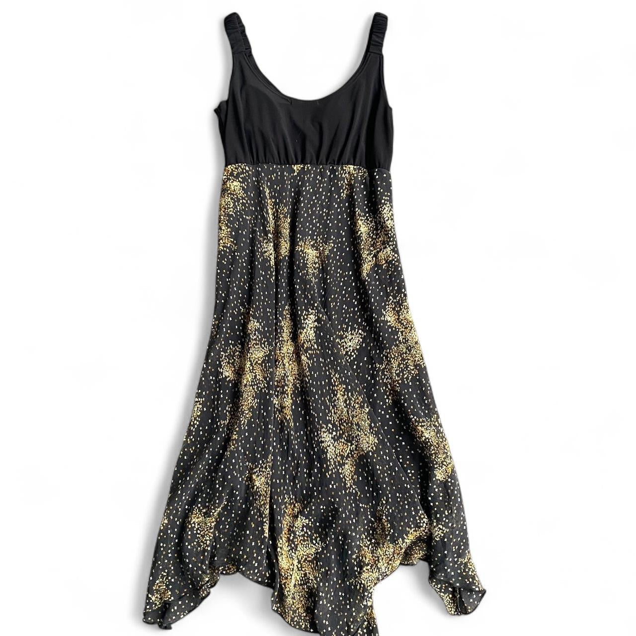 Y2K Black and gold star print asymmetrical midi dress
