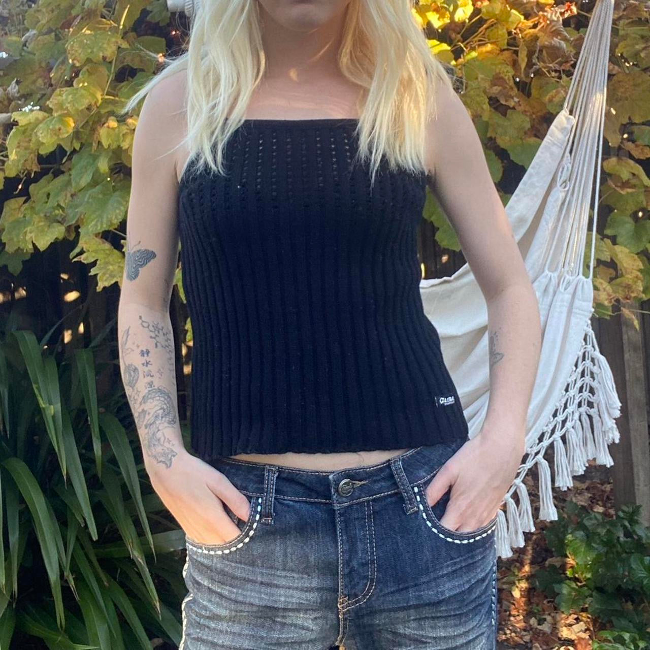 90's Vintage black knit tie up top