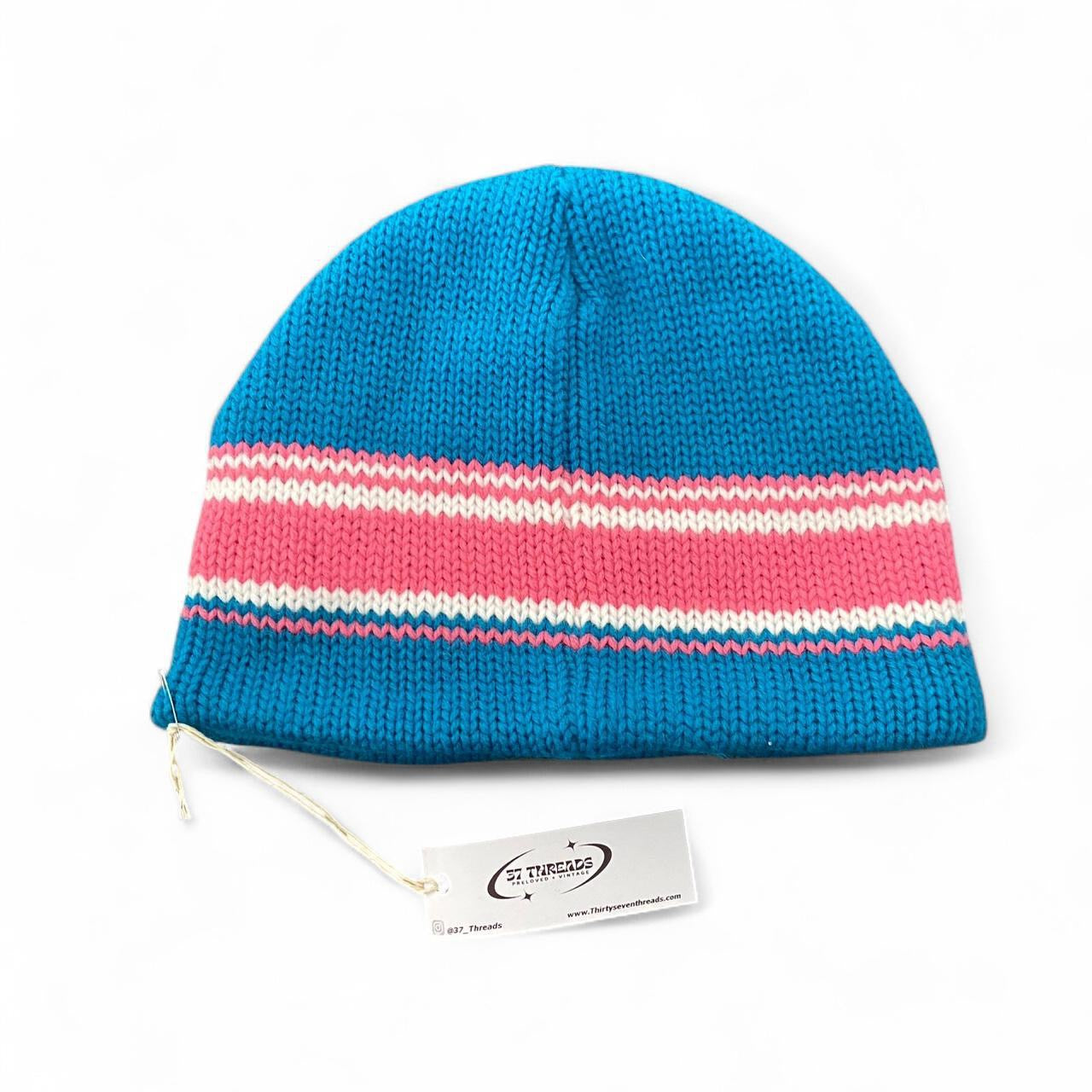 Cute Dirty Dog Y2K blue and pink striped beanie