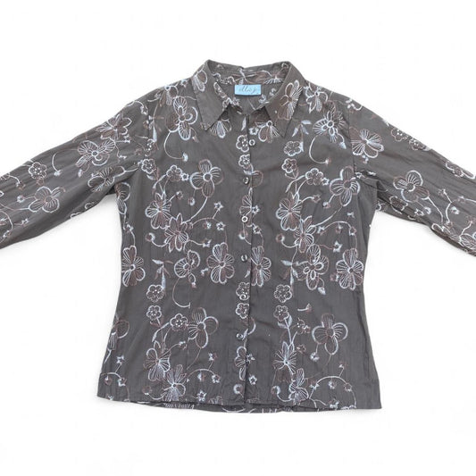 Brown/white embroidered floral button-up shirt