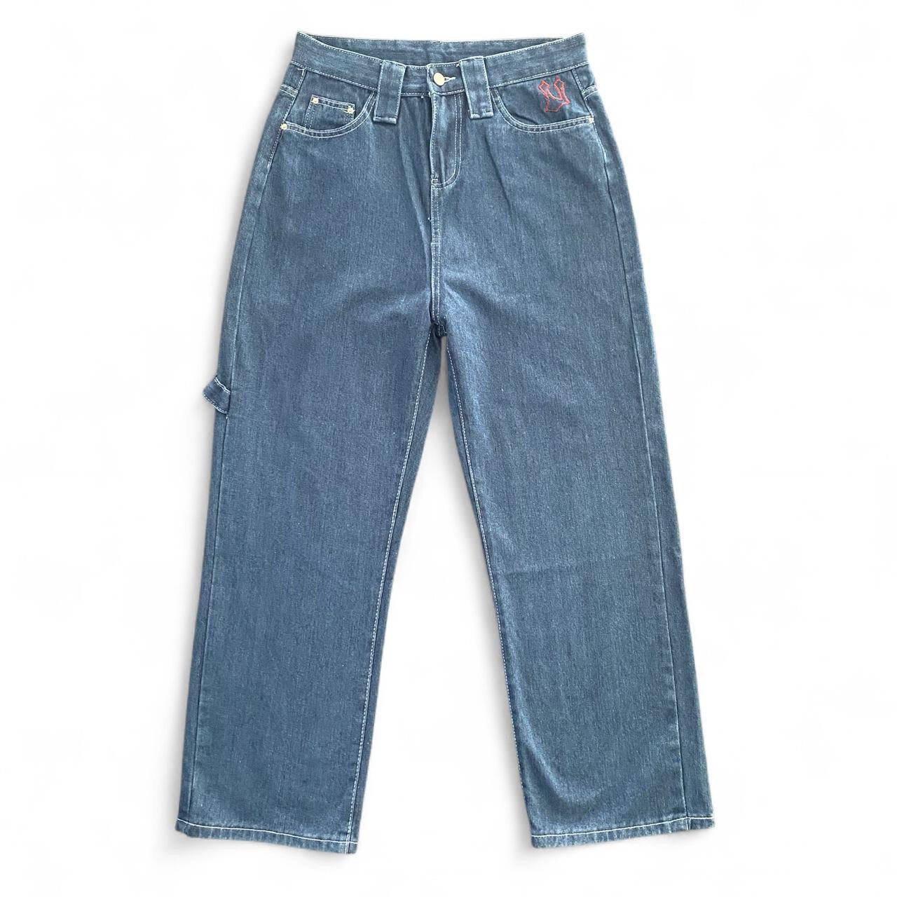 Denim blue jeans with red embroidery