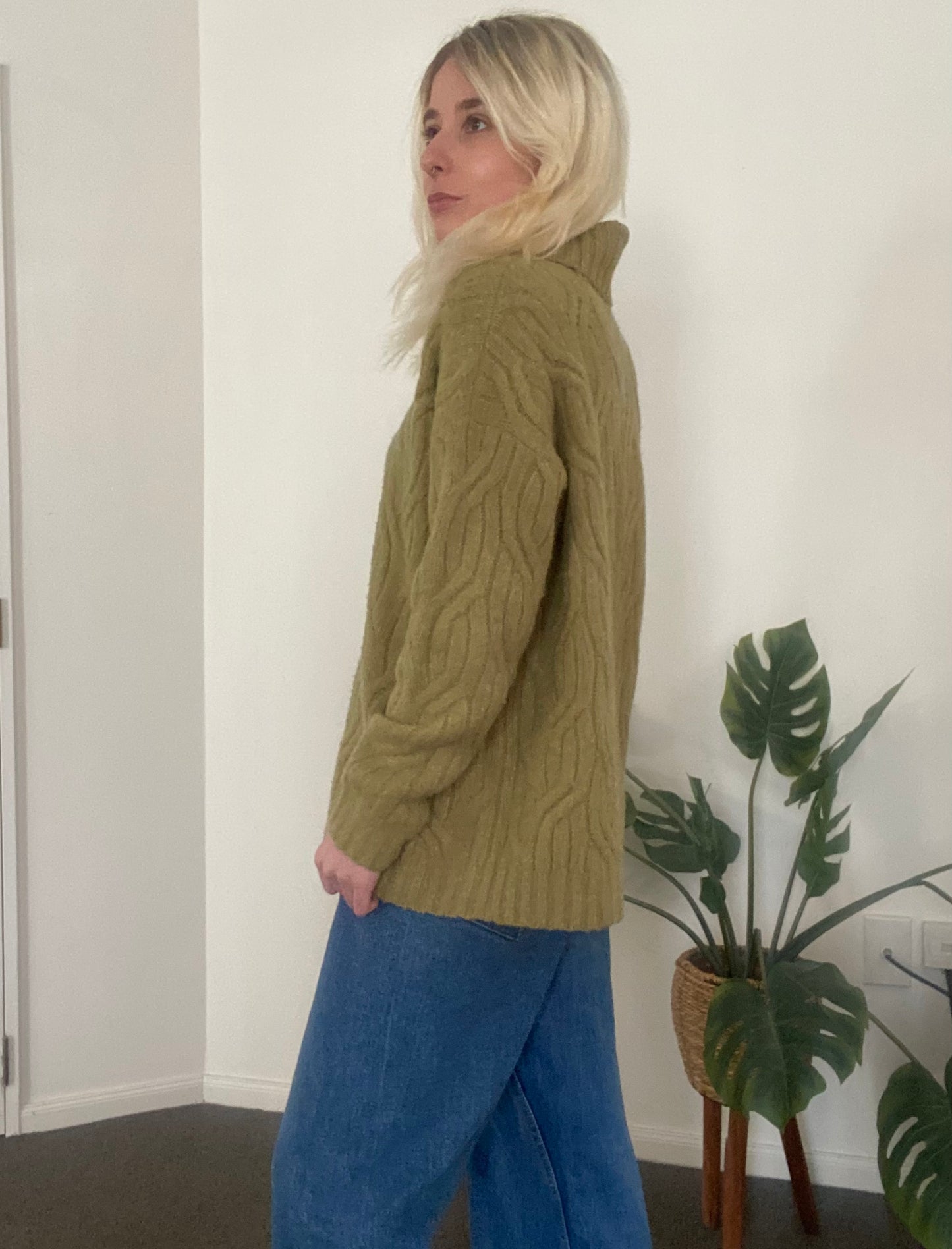 Beautiful olive green cable knit turtle neck sweater