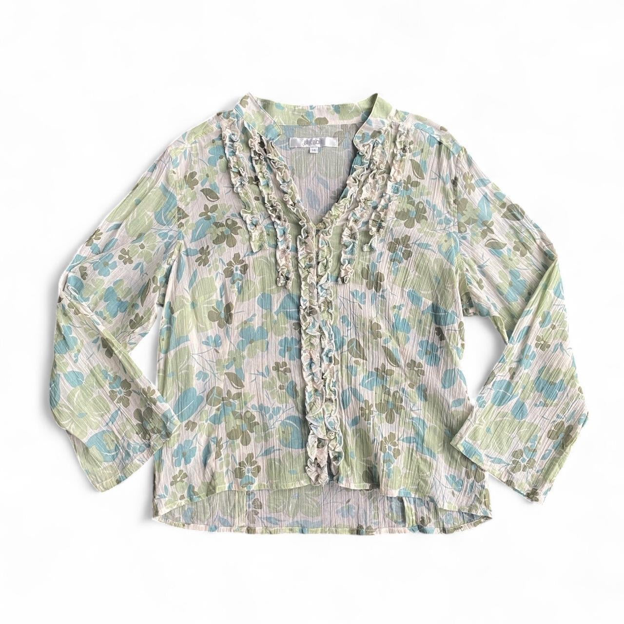 Cute Y2K Green floral ruffle blouse
