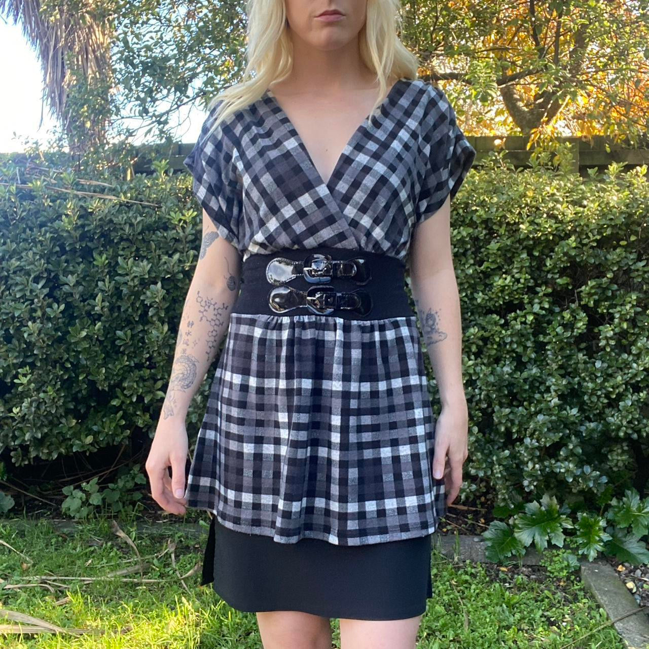 Grey and black plaid Y2K Ignite babydoll top with black belt