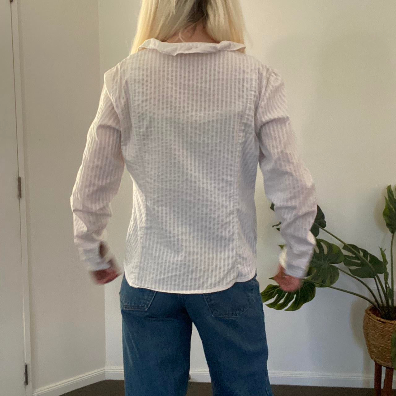 Cute vintage pinstripe cream and white ruffle blouse