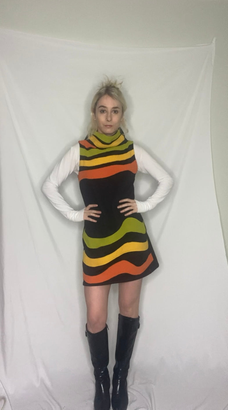 Vintage 60s/70s style Multi-coloured striped fleece dress