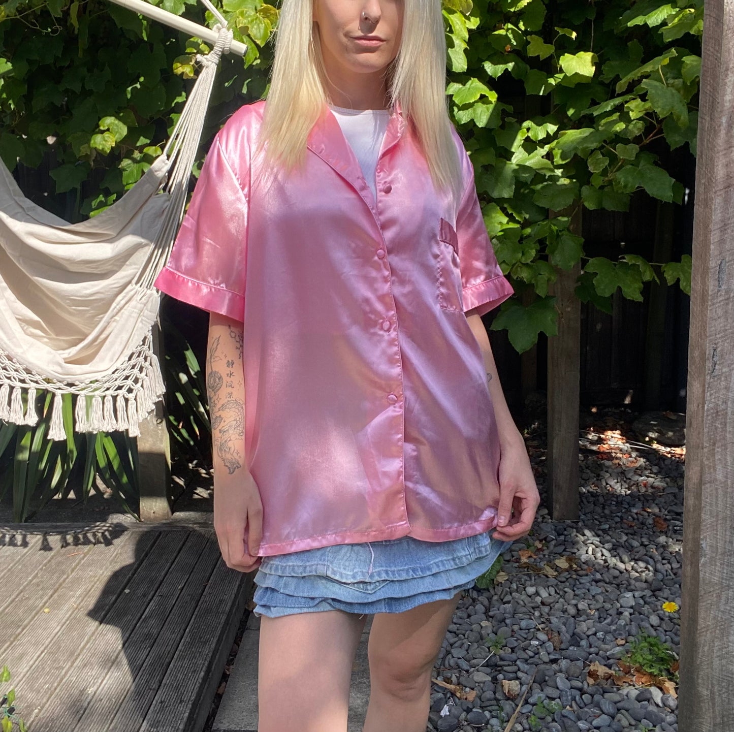 Retro Pink satin button-up shirt