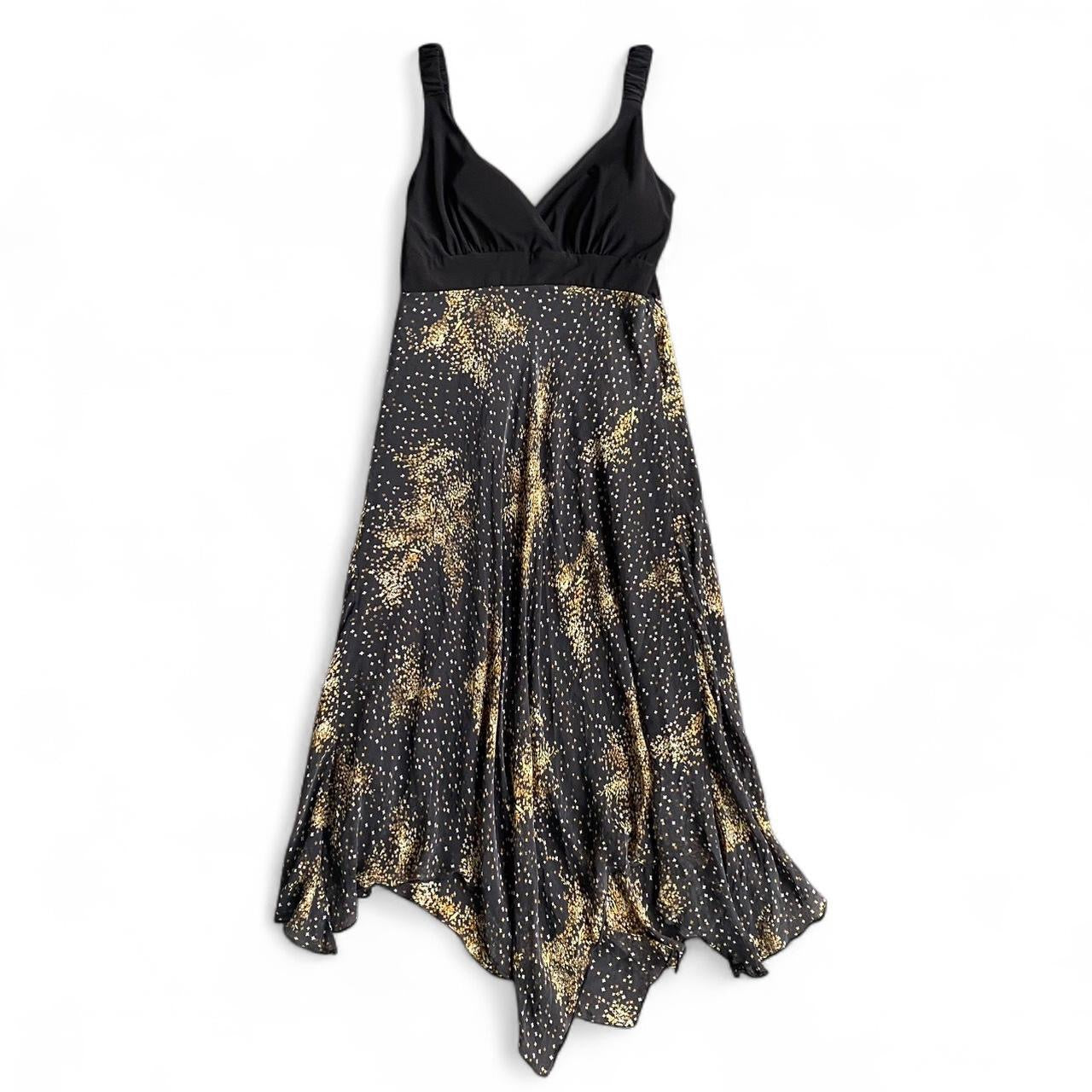 Y2K Black and gold star print asymmetrical midi dress