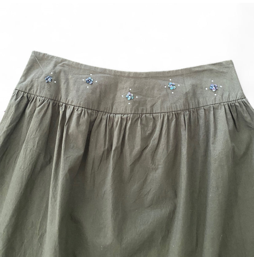 Khaki green fairy low rise midi skirt with lace trim