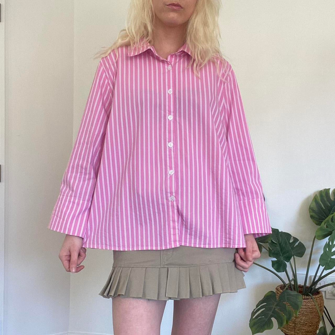 Y2K Pink and white striped button-up blouse
