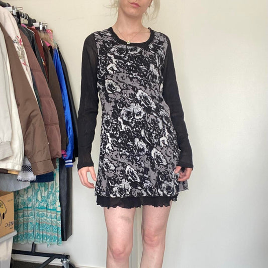 Beautiful Black & grey floral print dress with ruffle hem