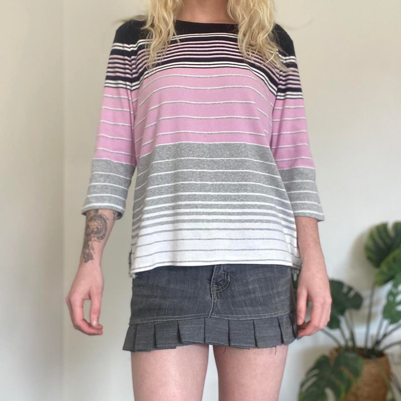 Cute pink, grey and black striped 3/4 sleeve top