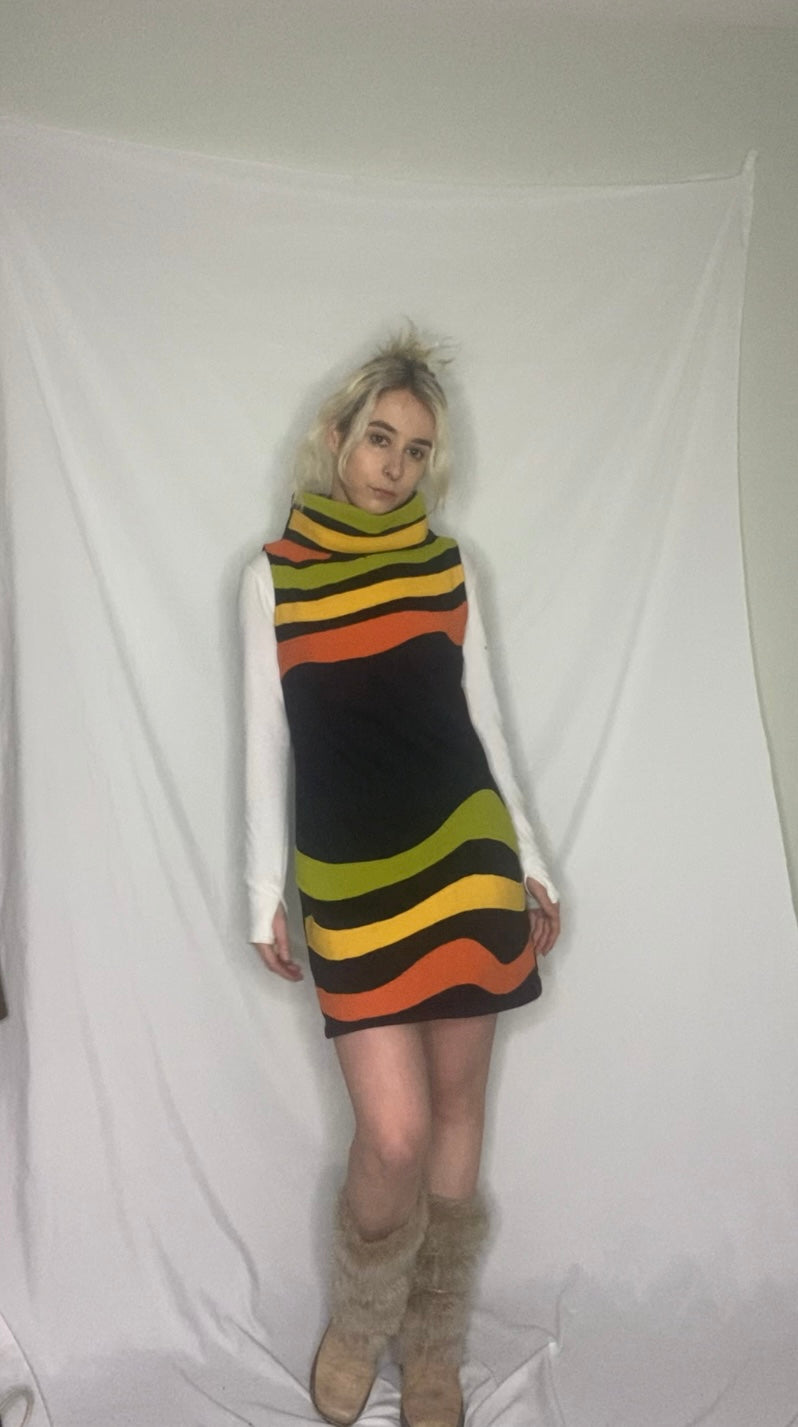 Vintage 60s/70s style Multi-coloured striped fleece dress
