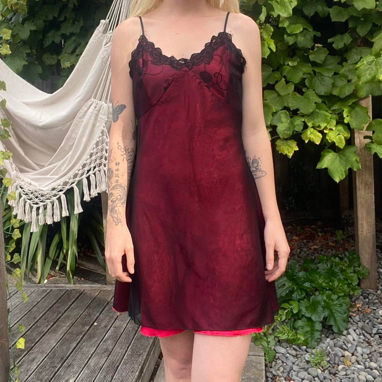 Vintage 90s Red & black lace-trimmed slip dress