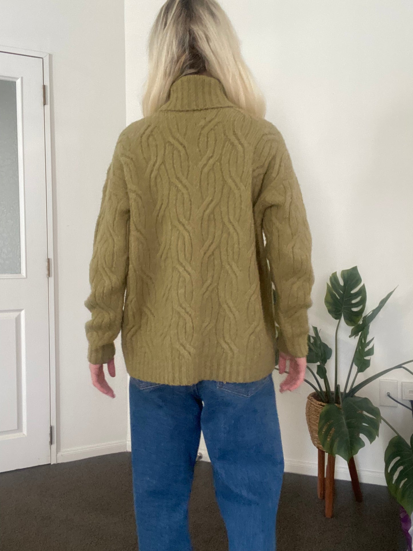 Beautiful olive green cable knit turtle neck sweater
