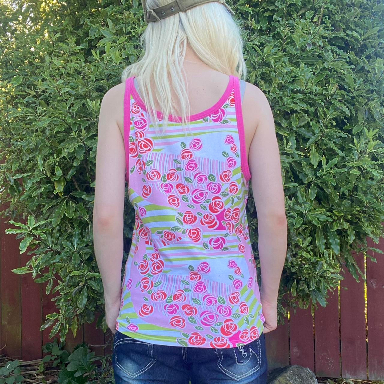 Y2K Pink and green tank top with rose print