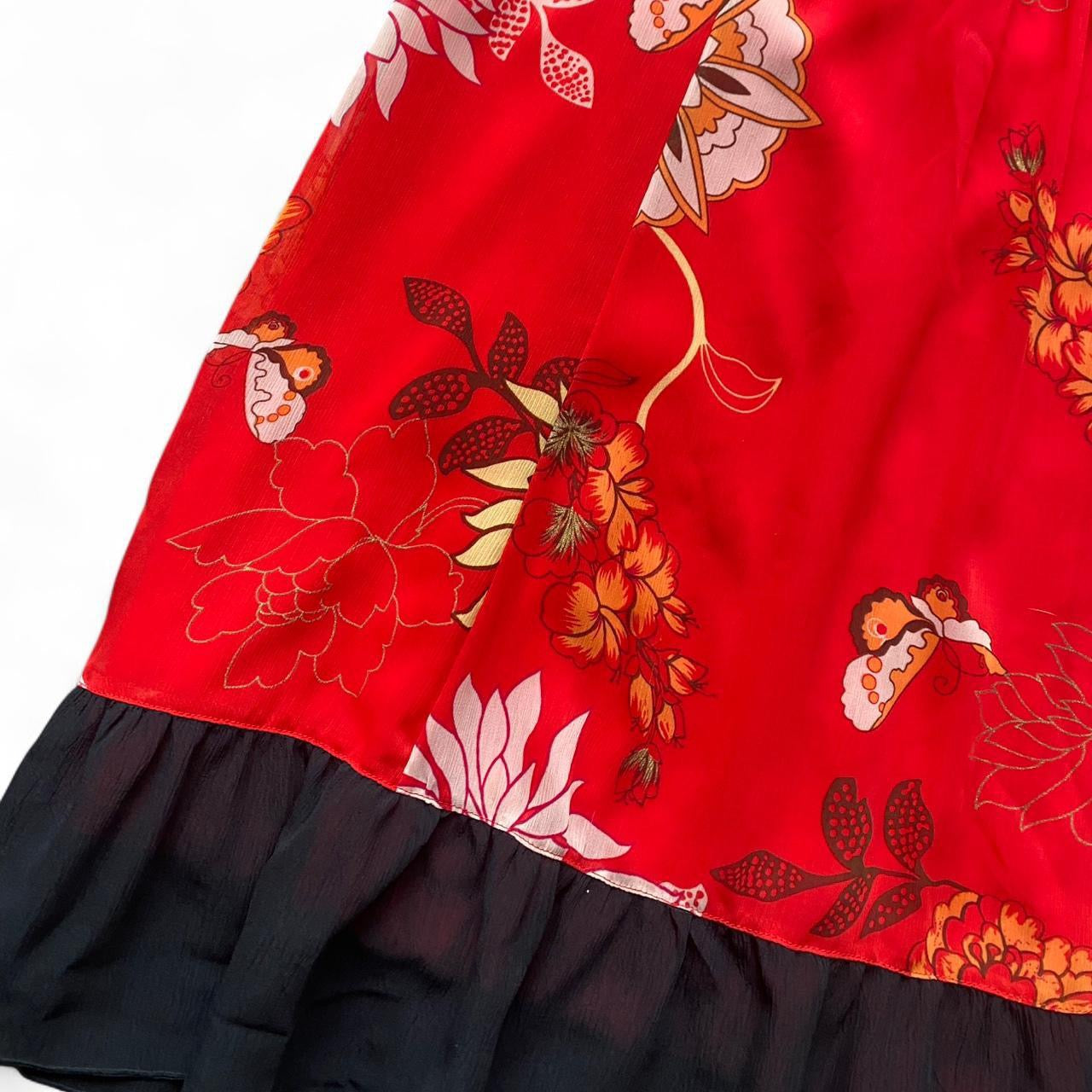 Gorgeous Y2K Red floral Babydoll halter dress with black ruffle trim