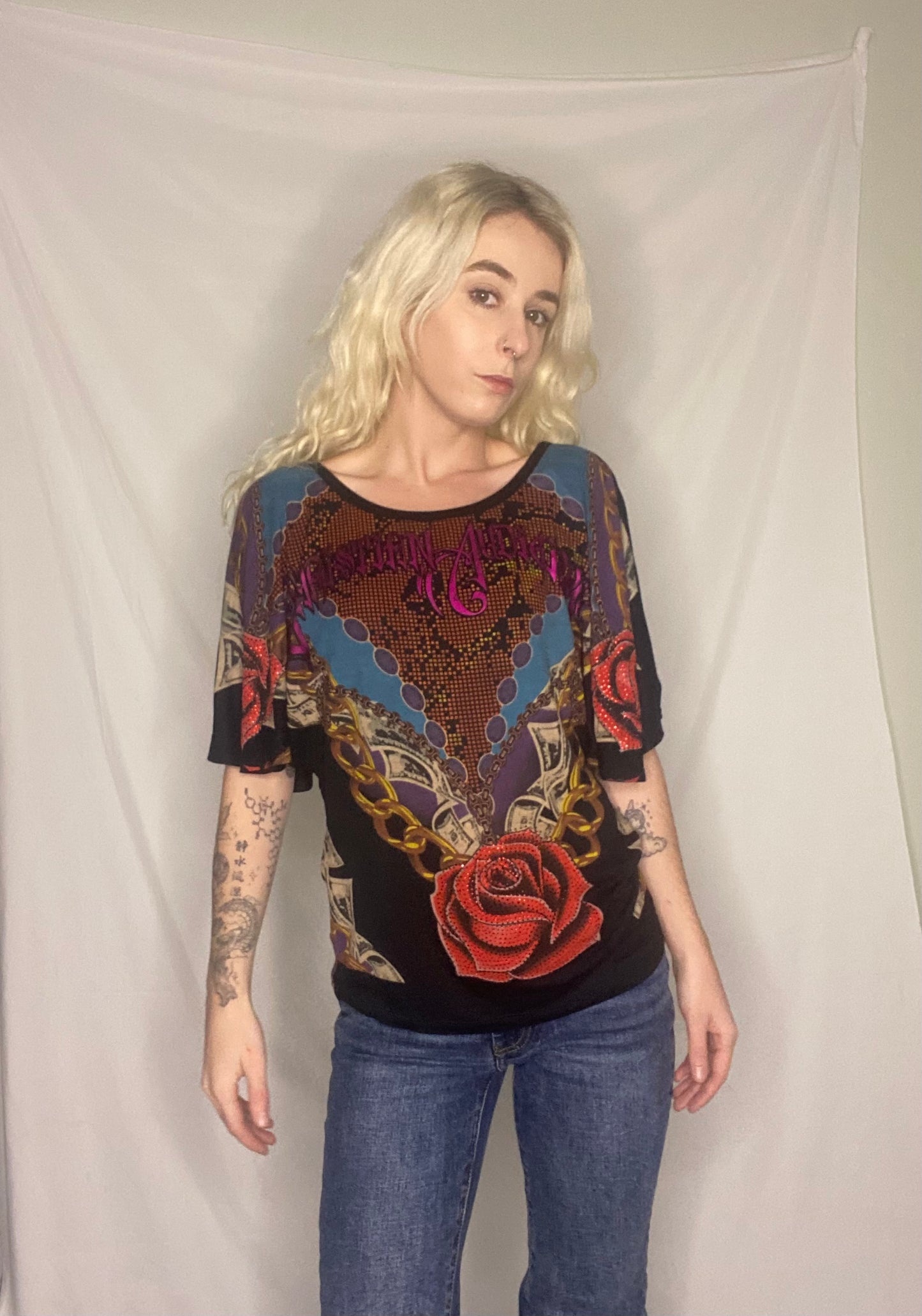 Insane Y2K Christian Audigier graphic rose print top