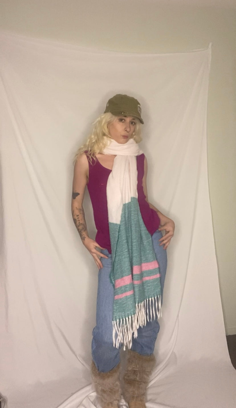 Soft green and pink striped chunky scarf!