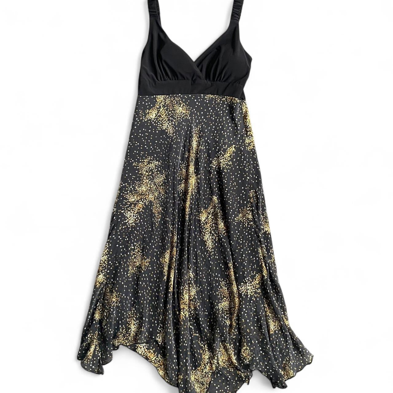 Y2K Black and gold star print asymmetrical midi dress