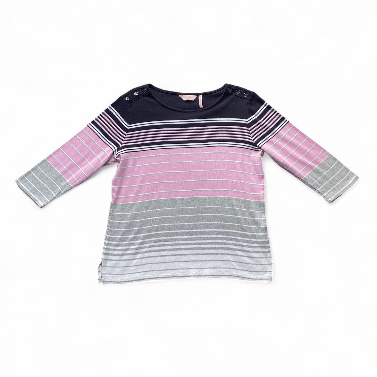 Cute pink, grey and black striped 3/4 sleeve top